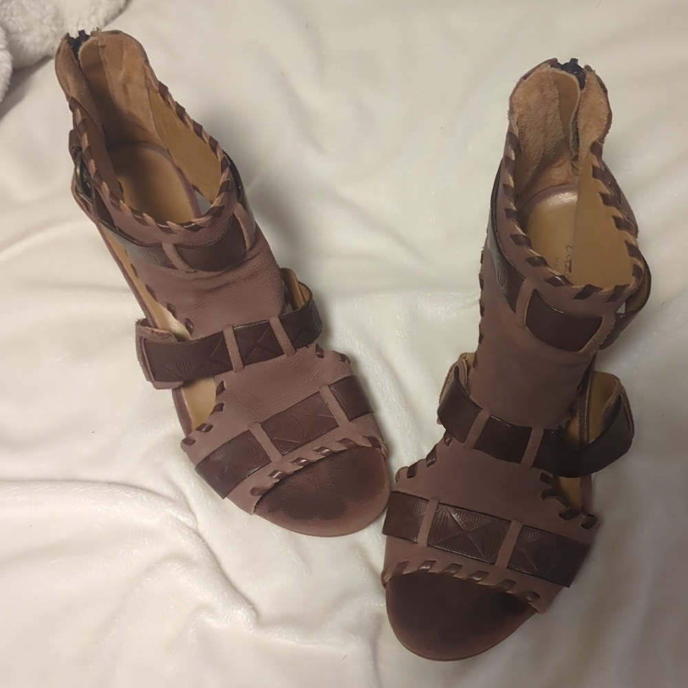 Zita Maria Italy Leather Lace Up Heels Rear Zip Sandals Gold Hardware